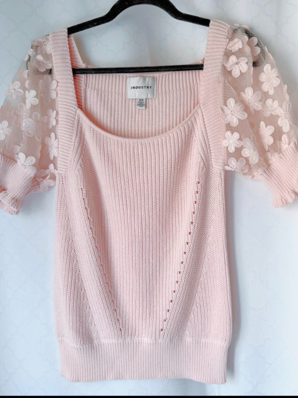 INDUSTRY Pink Ribbed Knit Sweater Medium Cotton Floral Mesh Puff Sleeve Top